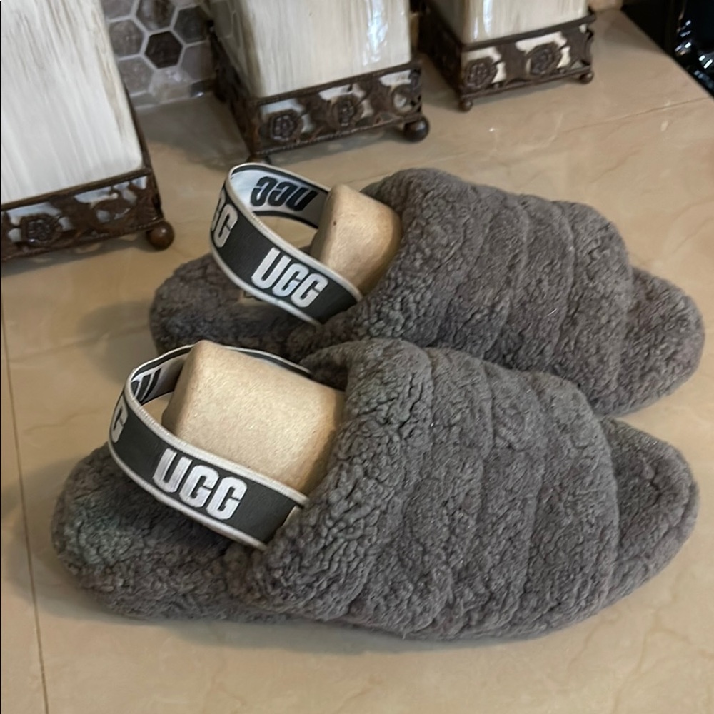 UGG Charcoal Plush Slippers with Logo Strap